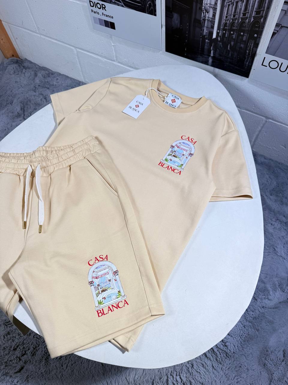 Casablanca Men's Luxury Casa Arch Cream T-Shirt and Shorts Set AAA Quality Reps UK