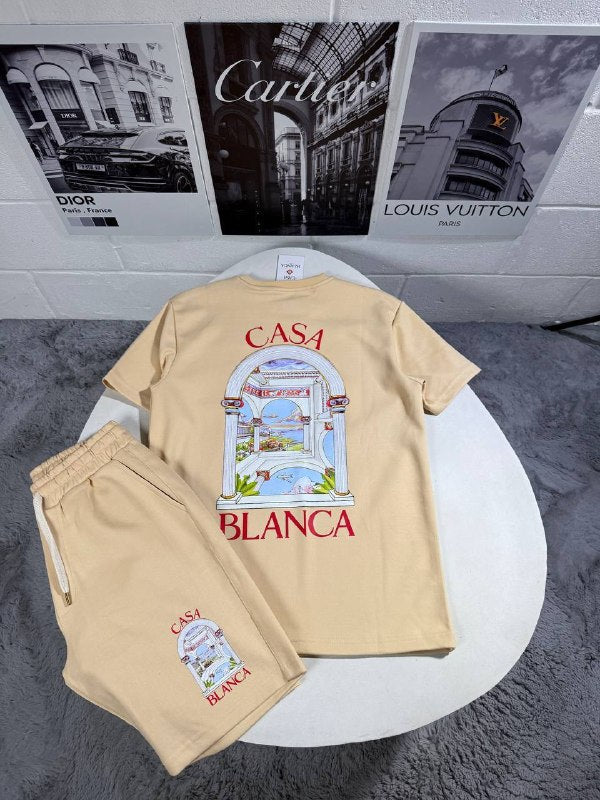 Casablanca Men's Luxury Casa Arch Cream T-Shirt and Shorts Set AAA Quality Reps UK