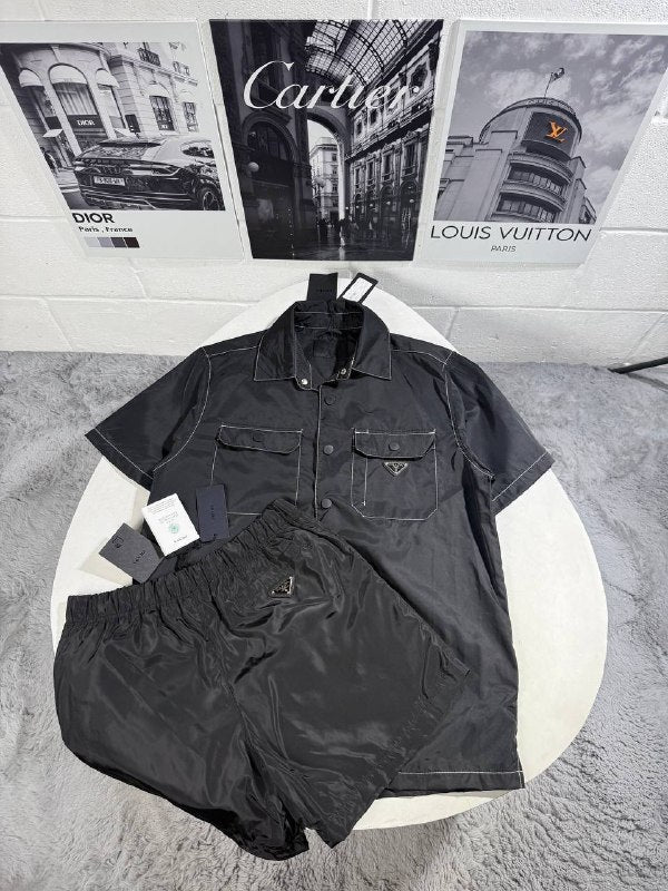Prada Men's Luxury short-sleeve button-up shirt and Nylon Utility Shorts Set AAA Quality Reps UK