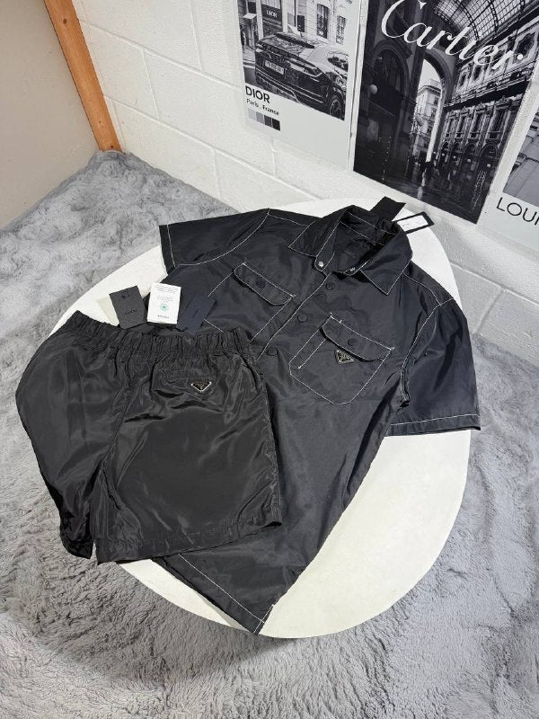 Prada Men's Luxury short-sleeve button-up shirt and Nylon Utility Shorts Set AAA Quality Reps UK