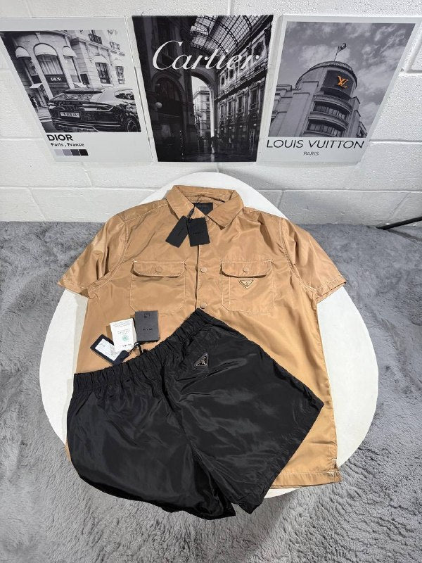 Prada Men's Luxury short-sleeve button-up shirt and Nylon Utility Shorts Set AAA Quality Reps UK