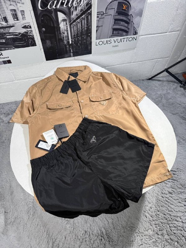 Prada Men's Luxury short-sleeve button-up shirt and Nylon Utility Shorts Set AAA Quality Reps UK