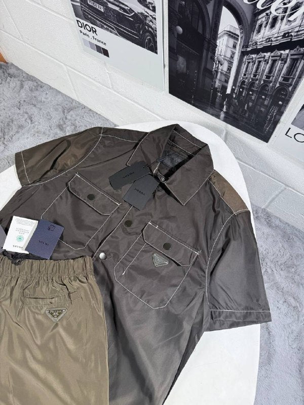 Prada Men's Luxury short-sleeve button-up shirt and Nylon Utility Shorts Set AAA Quality Reps UK