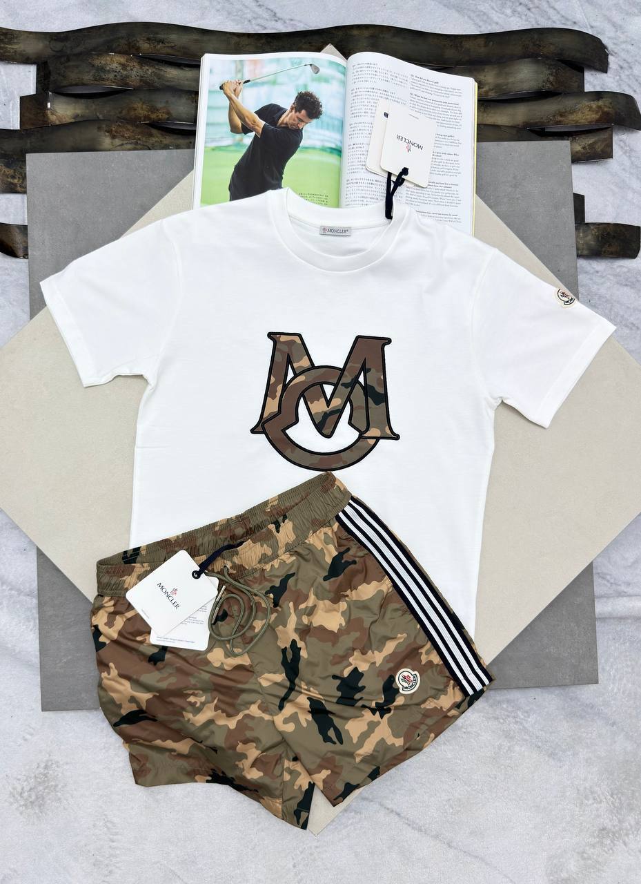Moncler Men's Luxury T-Shirt and Camouflage Side-Stripe Shorts Set AAA Quality Reps UK