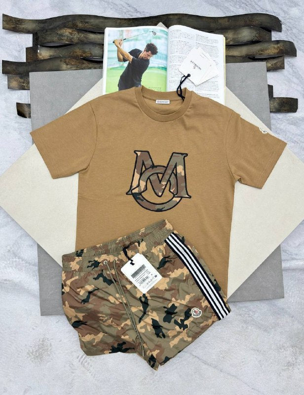 Moncler Men's Luxury T-Shirt and Camouflage Side-Stripe Shorts Set AAA Quality Reps UK