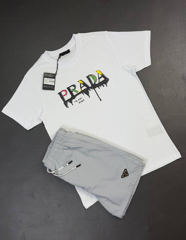 Prada Milano Men's Paint-Splatter Logo Graphic T-Shirt & Shorts Set AAA Quality Reps UK