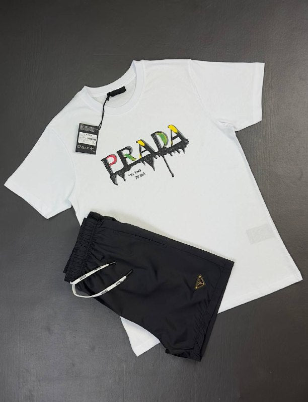 Prada Milano Men's Paint-Splatter Logo Graphic T-Shirt & Shorts Set AAA Quality Reps UK