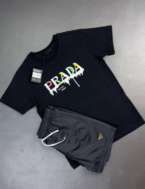 Prada Milano Men's Paint-Splatter Logo Graphic T-Shirt & Shorts Set AAA Quality Reps UK