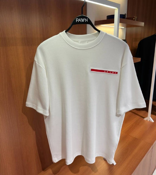 Prada Linea Rossa Men's White Piqué Cotton Red Logo Stripe T-Shirt AAA Quality Reps UK