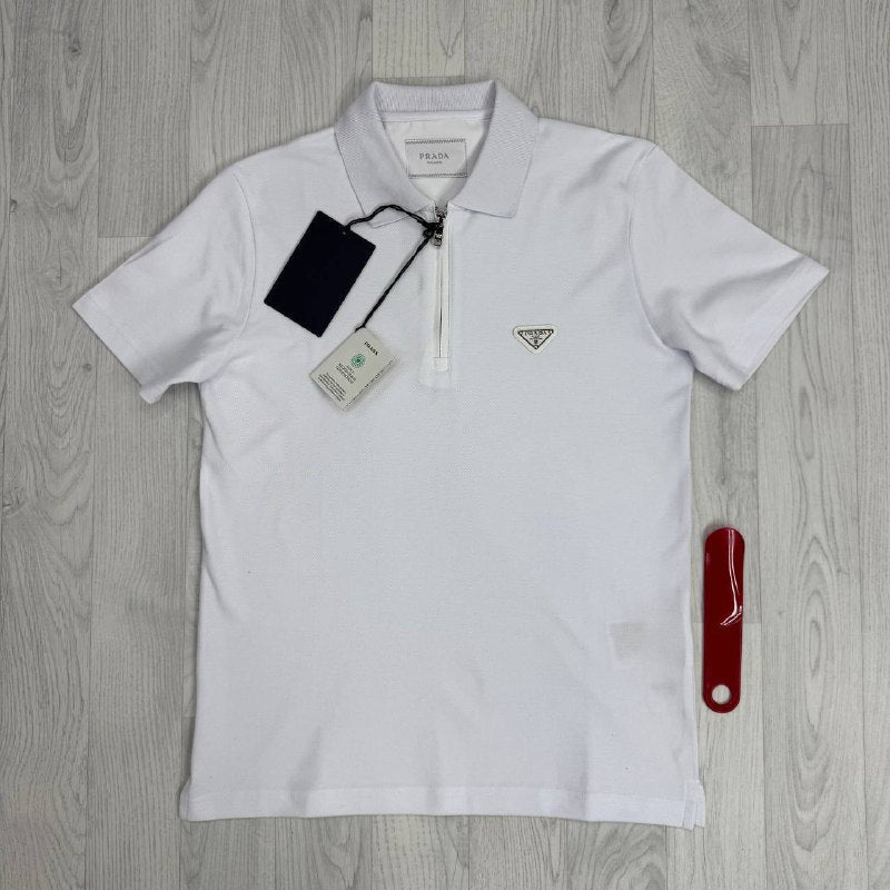 Prada Enamel Triangle Logo Quarter-Zip Cotton Piqué Polo Shirts AAA Quality Reps UK