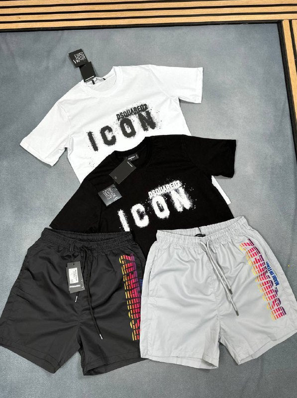 Dsquared2 "Icon Spray" T-Shirt and "Logo Boxer" Swim Shorts Set UK Reps AAA Quality