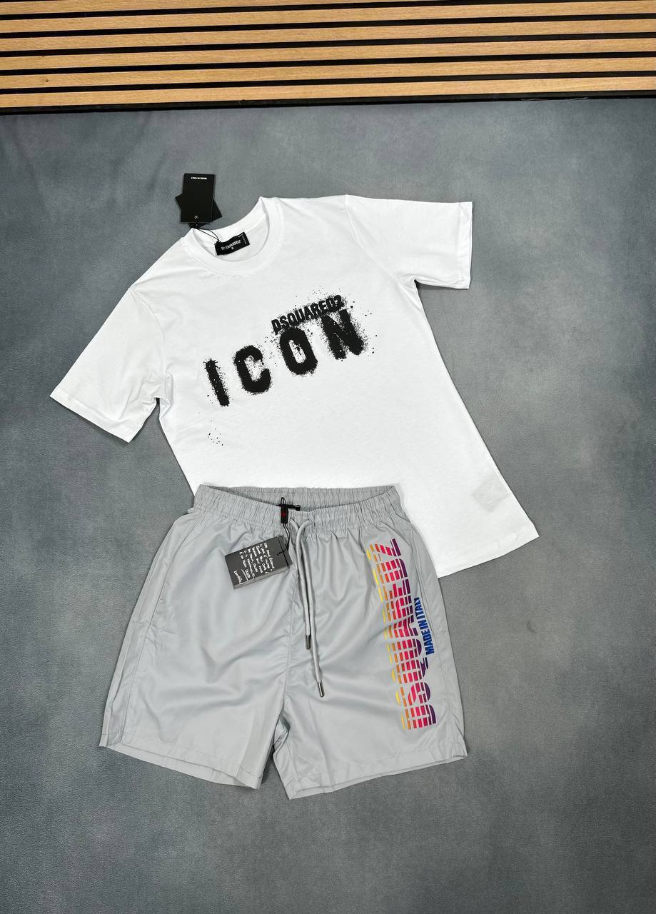 Dsquared2 "Icon Spray" T-Shirt and "Logo Boxer" Swim Shorts Set UK Reps AAA Quality