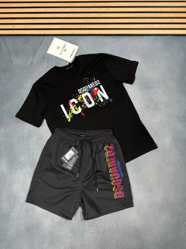 Dsquared2 "Icon Spray" T-Shirt and "Logo Boxer" Swim Shorts Set UK Reps AAA Quality