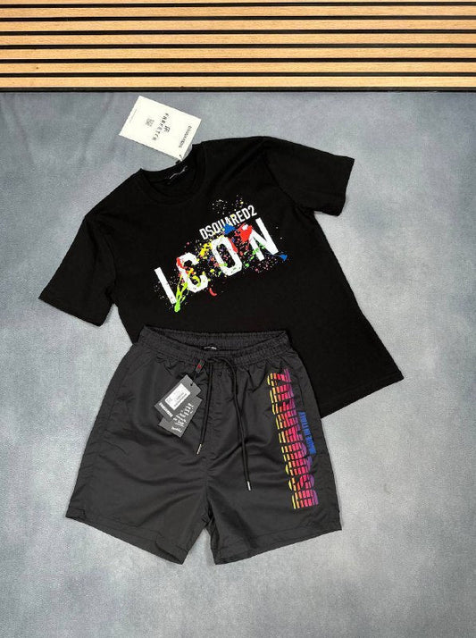 Dsquared2 "Icon Spray" T-Shirt and "Logo Boxer" Swim Shorts Set UK Reps AAA Quality