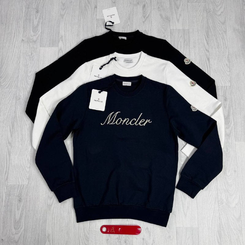 Moncler Men’s Script Logo Cotton Crewneck Sweatshirt – Embroidered Front & Sleeve Patch UK Reps AAA Quality