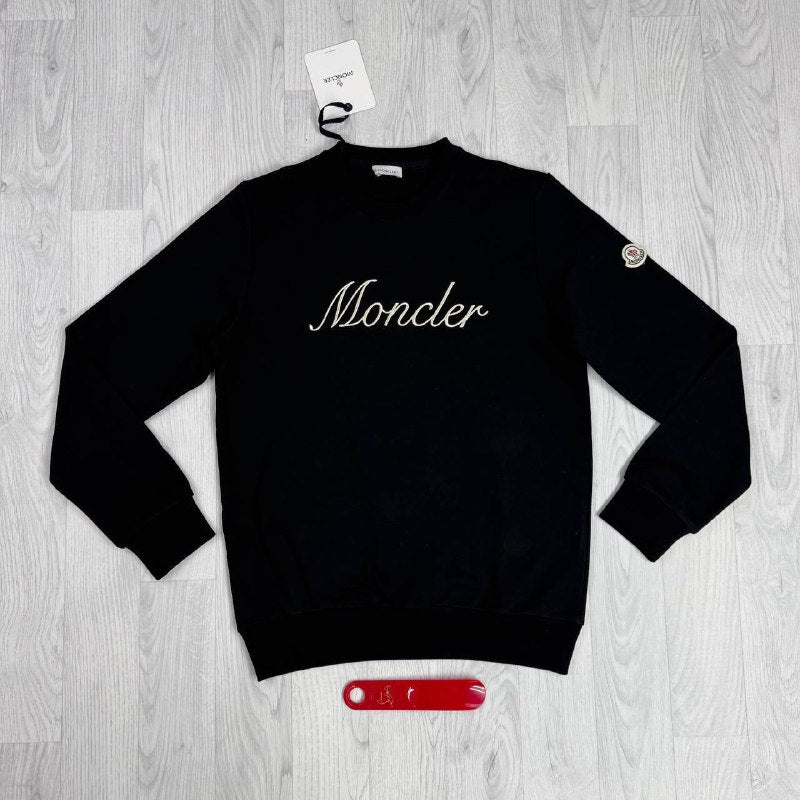 Moncler Men’s Script Logo Cotton Crewneck Sweatshirt – Embroidered Front & Sleeve Patch UK Reps AAA Quality