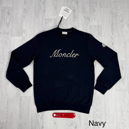 Moncler Men’s Script Logo Cotton Crewneck Sweatshirt – Embroidered Front & Sleeve Patch UK Reps AAA Quality