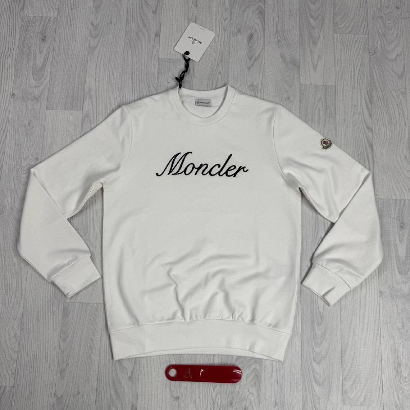 Moncler Men’s Script Logo Cotton Crewneck Sweatshirt – Embroidered Front & Sleeve Patch UK Reps AAA Quality