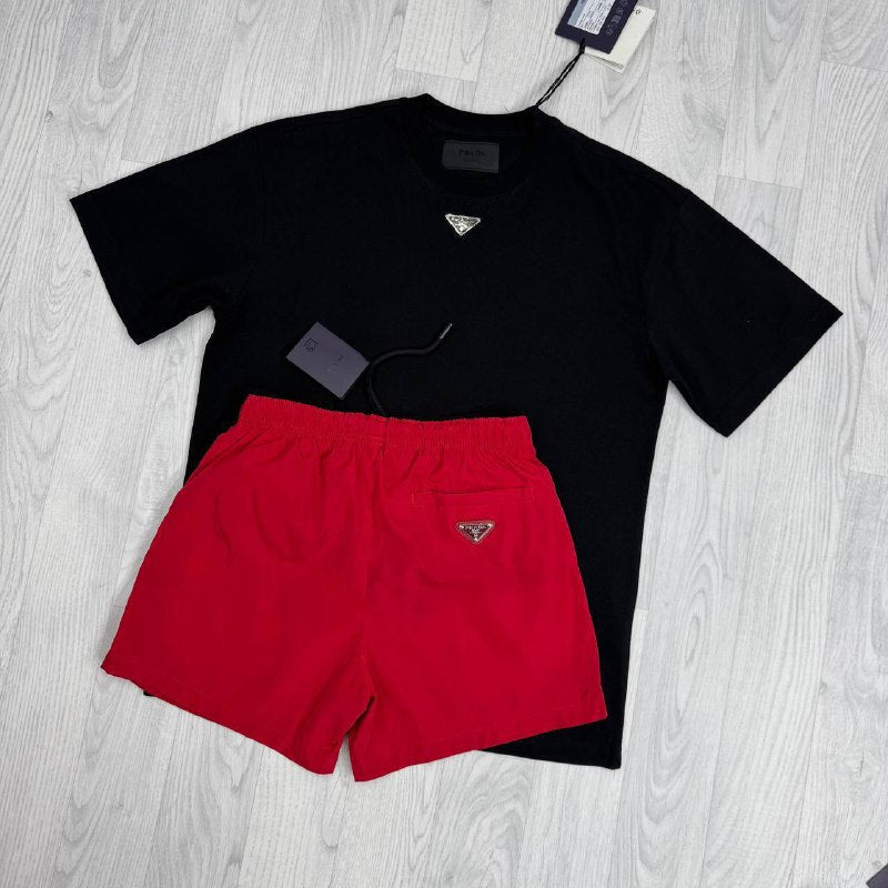 Prada Men's Luxury Summer Outfit Enamel Triangle Logo Black T-Shirt & Red Swim Shorts  AAA Quality Reps UK