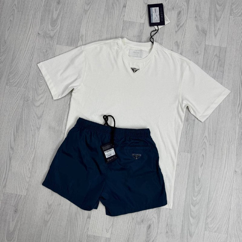 Prada Men's Luxury Summer Outfit Enamel Triangle Logo Black T-Shirt & Red Swim Shorts  AAA Quality Reps UK