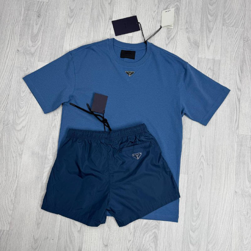 Prada Men's Luxury Summer Outfit Enamel Triangle Logo Black T-Shirt & Red Swim Shorts  AAA Quality Reps UK