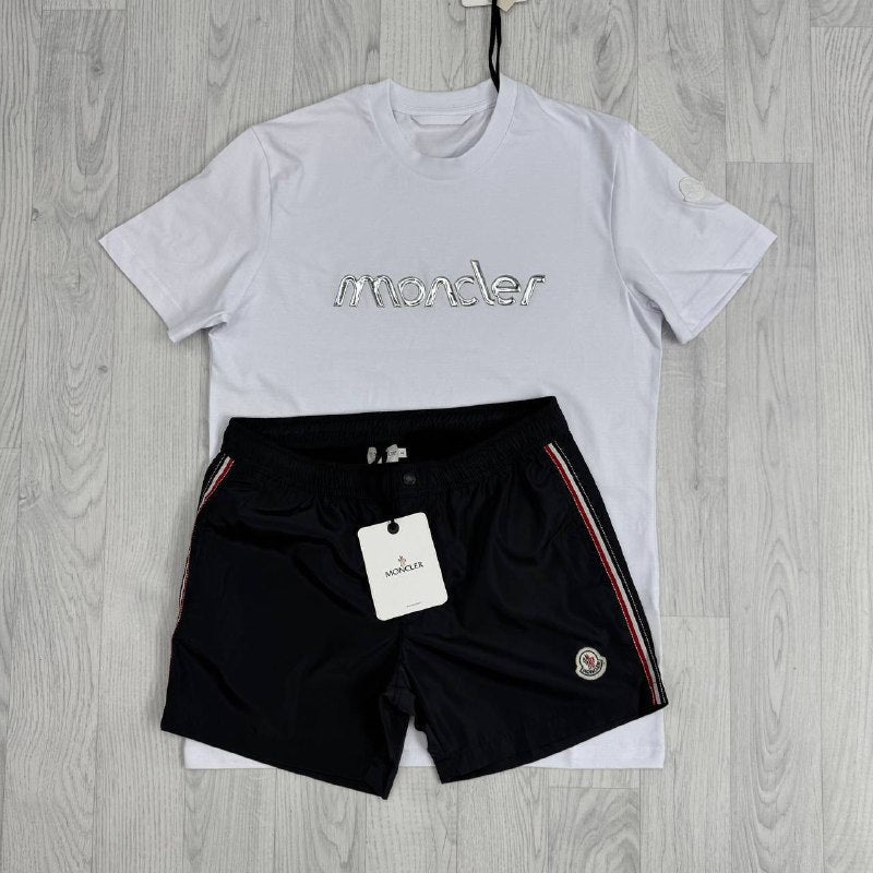 Moncler Men's Matching Luxury Summer Script Tee & Tricolor Swim Shorts AAA Quality Reps UK