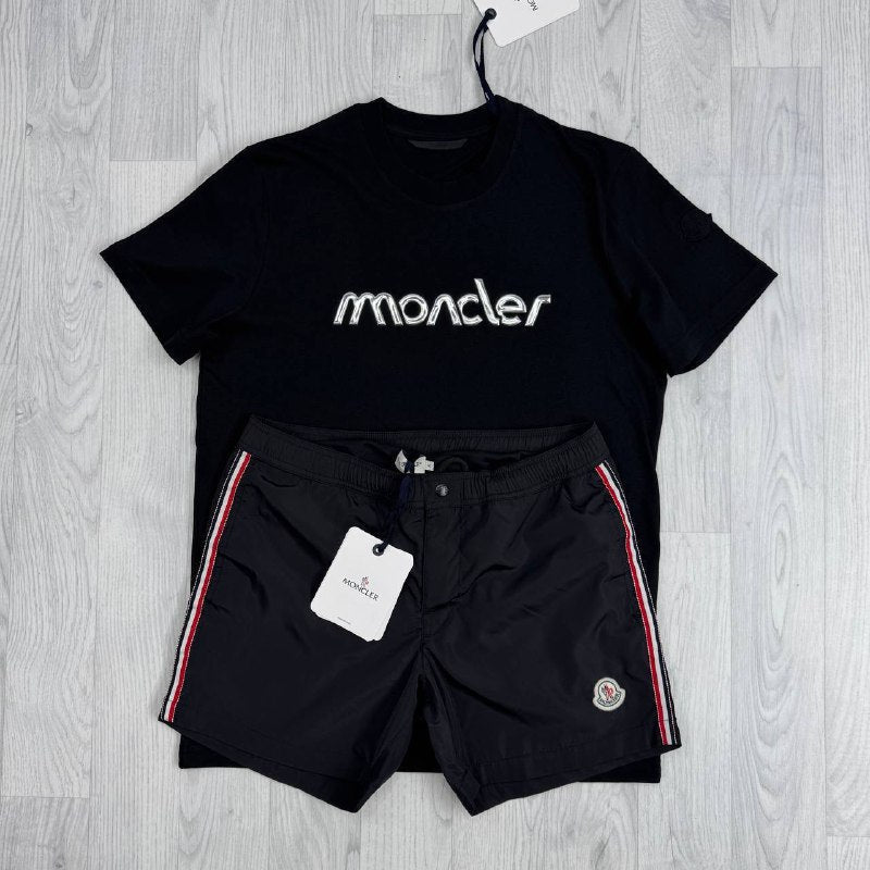 Moncler Men's Matching Luxury Summer Script Tee & Tricolor Swim Shorts AAA Quality Reps UK