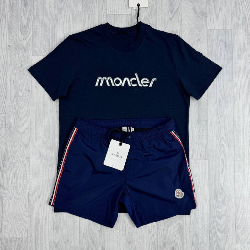 Moncler Men's Matching Luxury Summer Script Tee & Tricolor Swim Shorts AAA Quality Reps UK