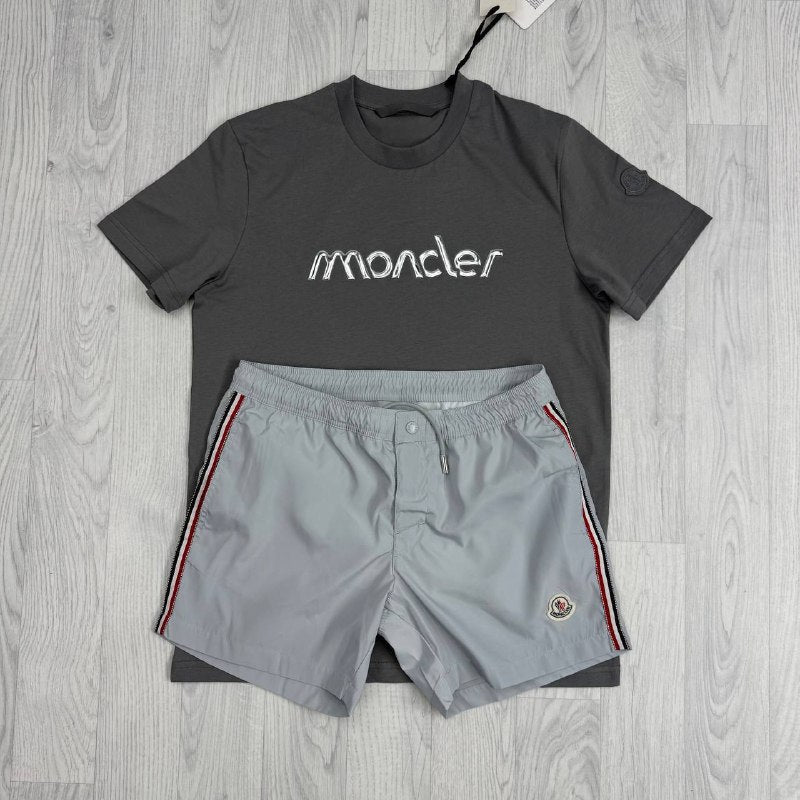 Moncler Men's Matching Luxury Summer Script Tee & Tricolor Swim Shorts AAA Quality Reps UK
