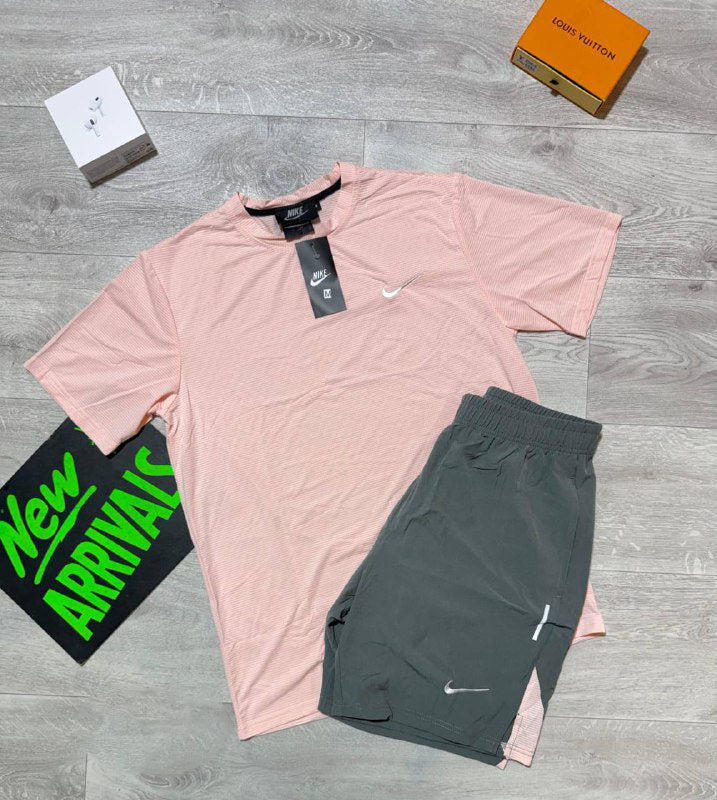 Nike Men's Performance Logo T-Shirt & Shorts Pastel Pink & Charcoal Grey UK Reps AAA Quality