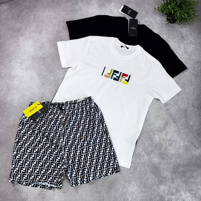 Fendi Men's Luxury Summer Outfit Multicolor FF Logo T-Shirt & Monogram Shorts AAA Quality Reps UK
