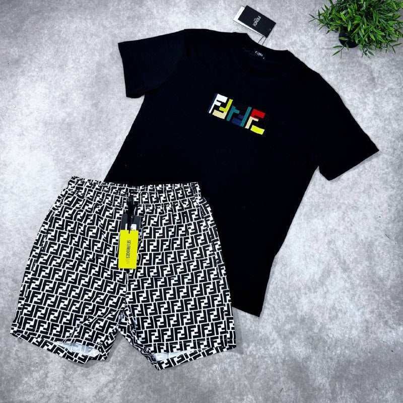 Fendi Men's Luxury Summer Outfit Multicolor FF Logo T-Shirt & Monogram Shorts AAA Quality Reps UK