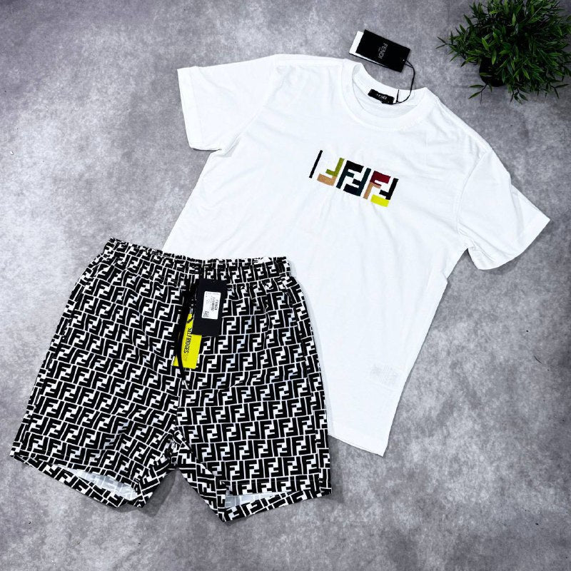 Fendi Men's Luxury Summer Outfit Multicolor FF Logo T-Shirt & Monogram Shorts AAA Quality Reps UK