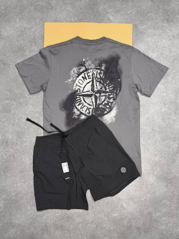 Stone Island Men’s Luxury Casual Set Abstract Back Logo Grey T-Shirt & Swim Shorts AAA Quality Reps UK