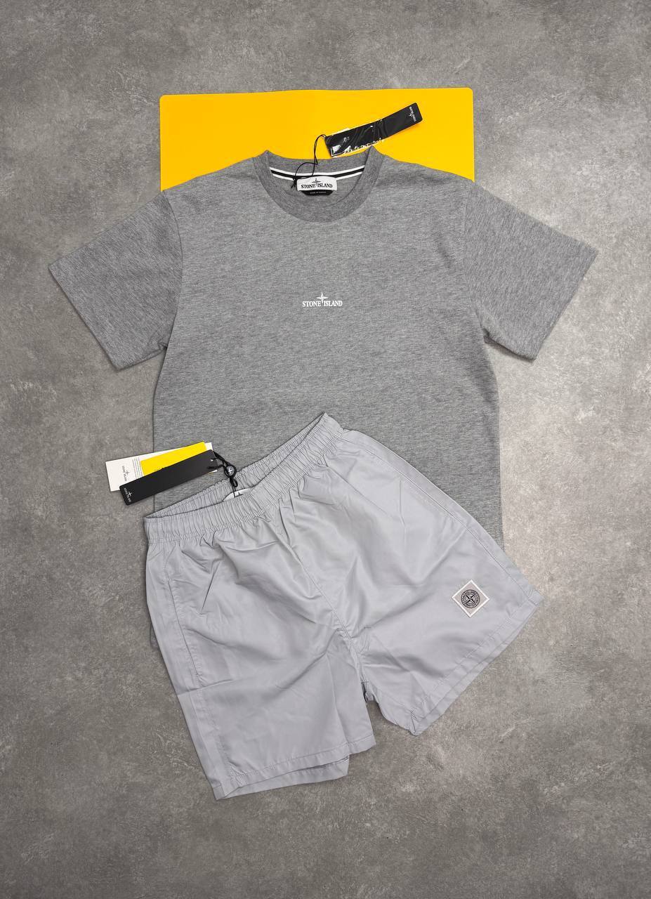 Stone Island Men’s Luxury Casual Set Abstract Back Logo Grey T-Shirt & Swim Shorts AAA Quality Reps UK