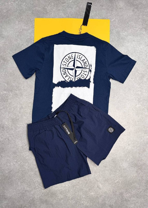 Stone Island Men’s Luxury Casual Set Abstract Back Logo Grey T-Shirt & Swim Shorts AAA Quality Reps UK