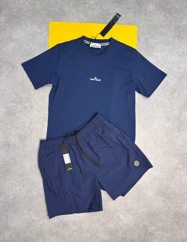 Stone Island Men’s Luxury Casual Set Abstract Back Logo Grey T-Shirt & Swim Shorts AAA Quality Reps UK