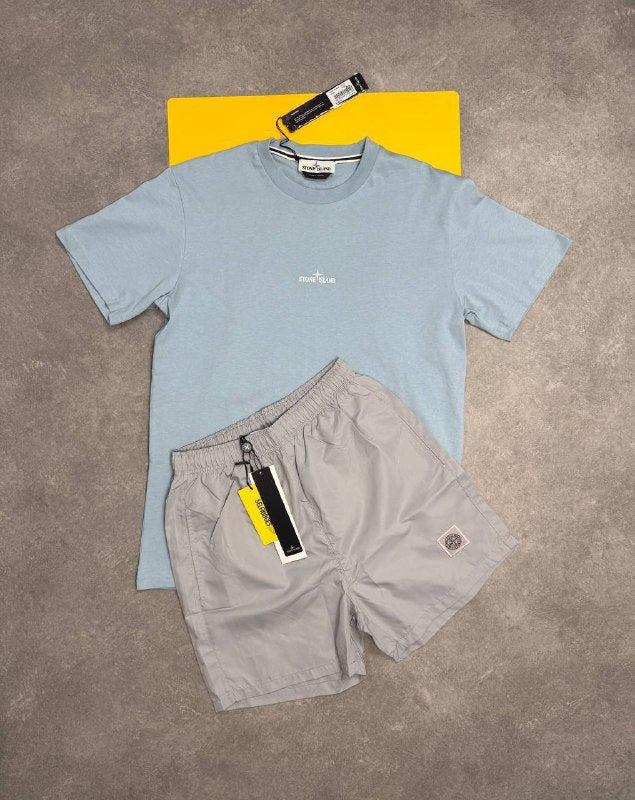 Stone Island Men’s Luxury Casual Set Abstract Back Logo Grey T-Shirt & Swim Shorts AAA Quality Reps UK