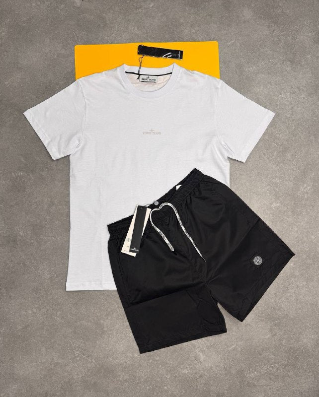 Stone Island Men’s Luxury Casual Set Abstract Back Logo Grey T-Shirt & Swim Shorts AAA Quality Reps UK