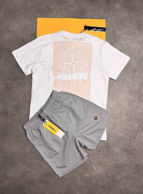 Stone Island Men’s Luxury Casual Set Abstract Back Logo Grey T-Shirt & Swim Shorts AAA Quality Reps UK