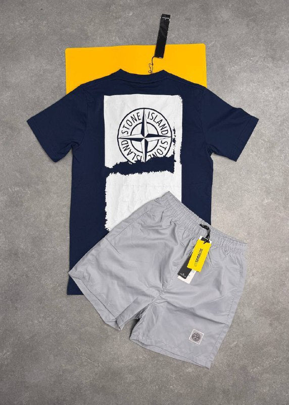 Stone Island Men’s Luxury Casual Set Abstract Back Logo Grey T-Shirt & Swim Shorts AAA Quality Reps UK