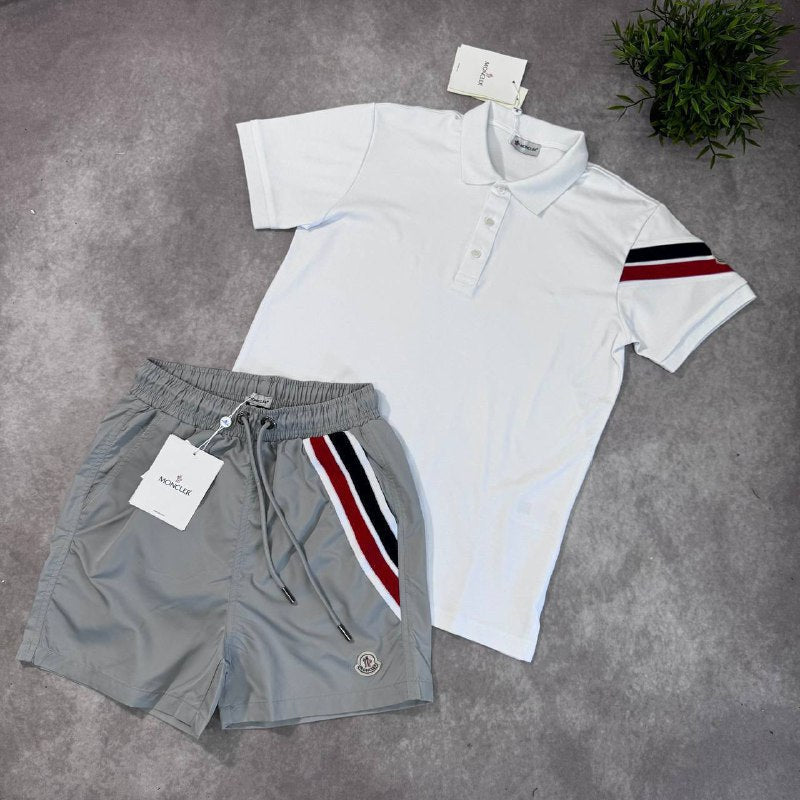 Moncler Men's Tricolor Stripe Polo and Swim Shorts Capsule Set AAA Quality Reps UK