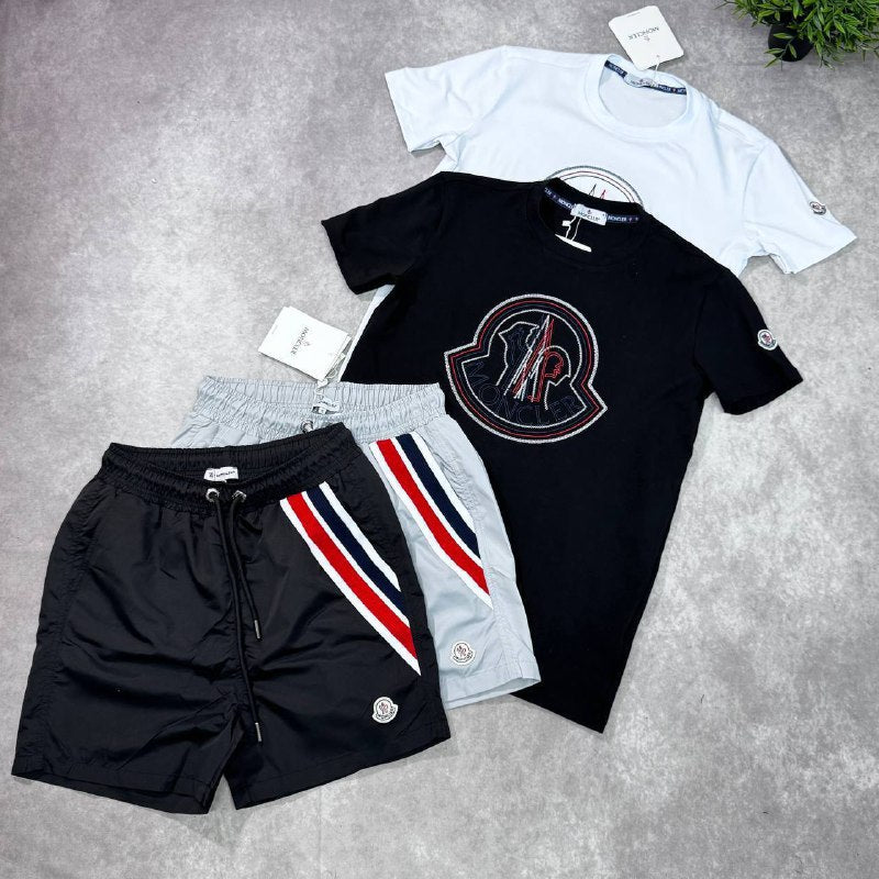Moncler Men's Big Logo Graphic Tee and Tricolor Swim Shorts Set AAA Quality Reps UK