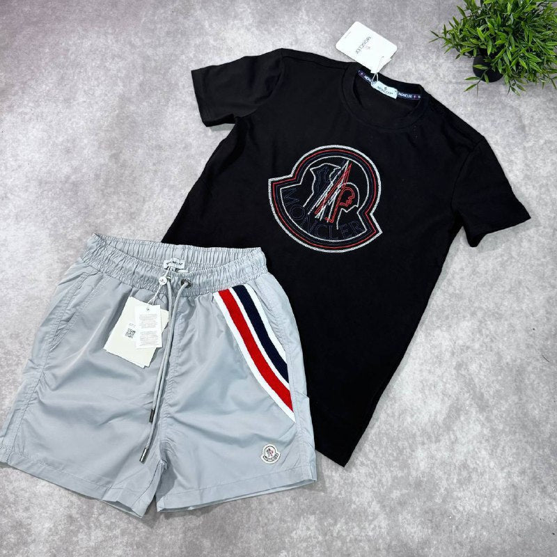Moncler Men's Big Logo Graphic Tee and Tricolor Swim Shorts Set AAA Quality Reps UK