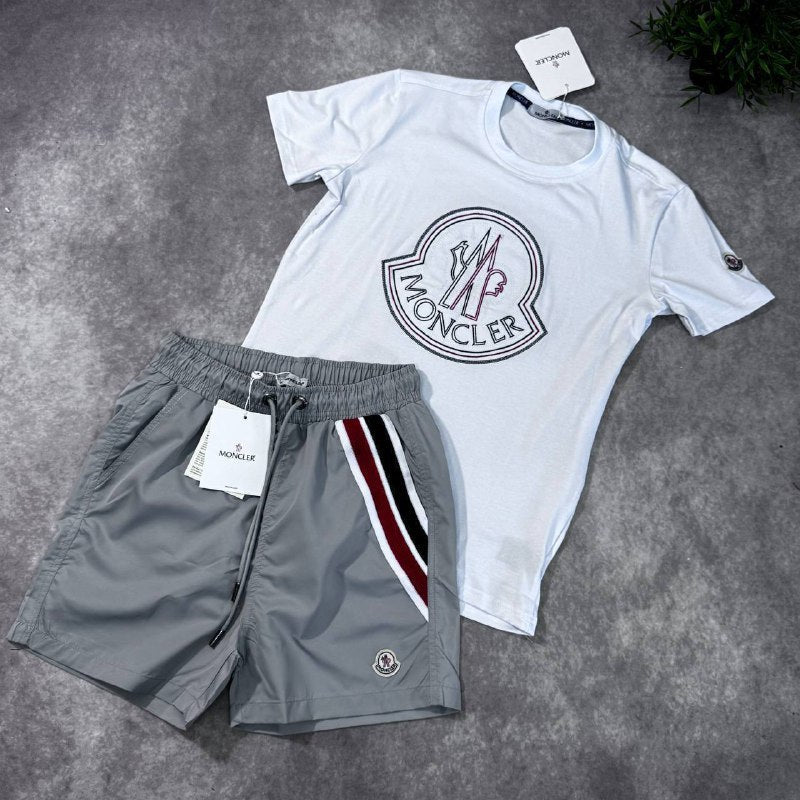 Moncler Men's Big Logo Graphic Tee and Tricolor Swim Shorts Set AAA Quality Reps UK