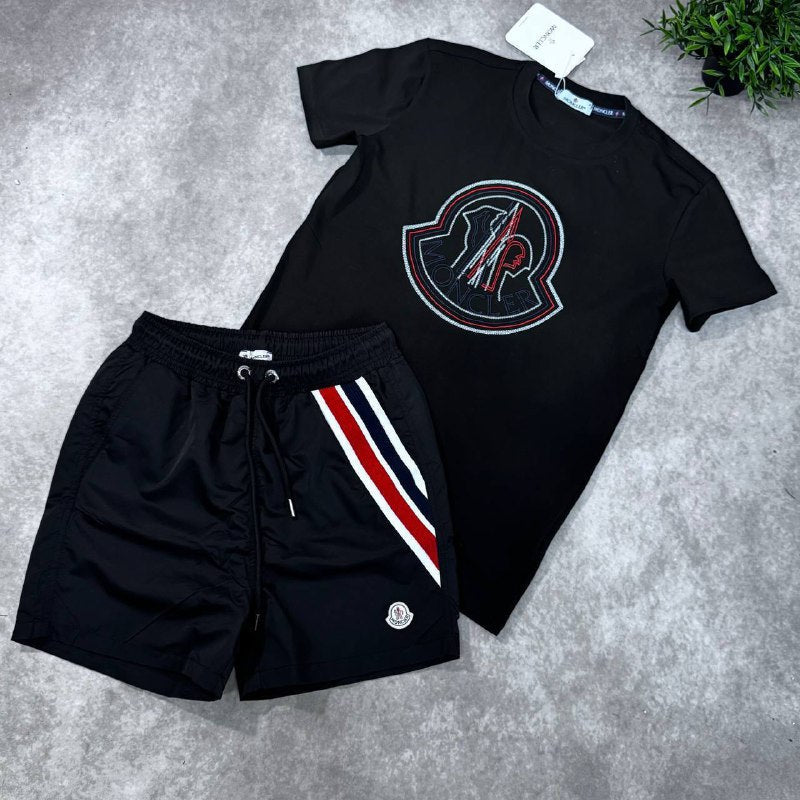 Moncler Men's Big Logo Graphic Tee and Tricolor Swim Shorts Set AAA Quality Reps UK