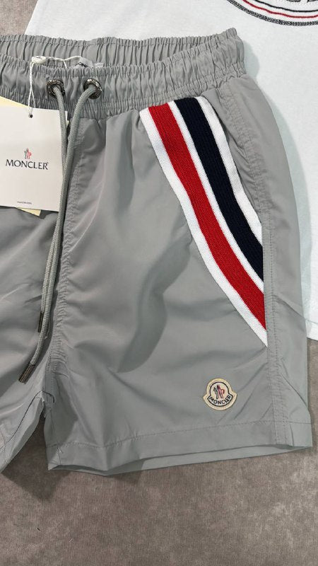 Moncler Men's Big Logo Graphic Tee and Tricolor Swim Shorts Set AAA Quality Reps UK