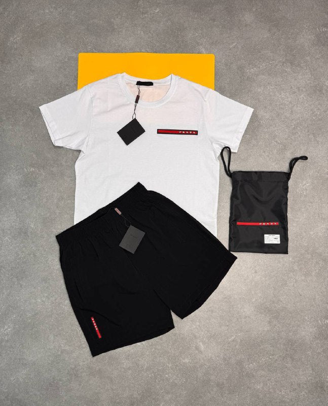 Prada Linea Rossa T-Shirt and Technical Swim Shorts Summer Set AAA Quality Reps UK