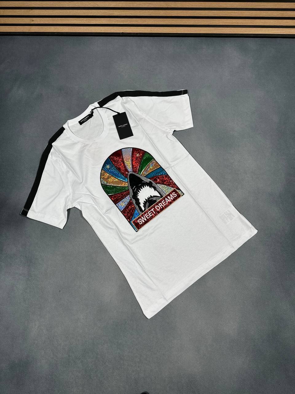 Saint Laurent Paris "Sweet Dreams" Shark Graphic Cotton T-Shirt UK Reps AAA Quality