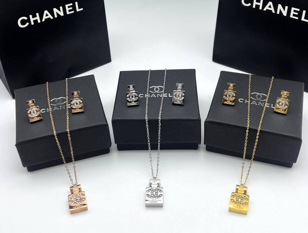 Chanel No. 5 Miniature Perfume Bottle Pendant Necklace and Earring Gift Set AAA Quality Reps UK